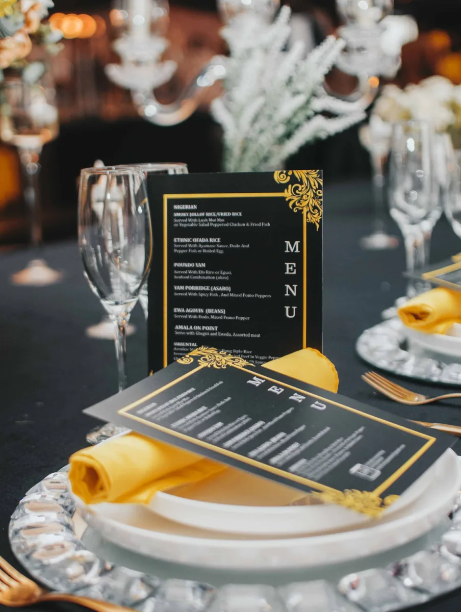Menu card displayed on a restaurant table